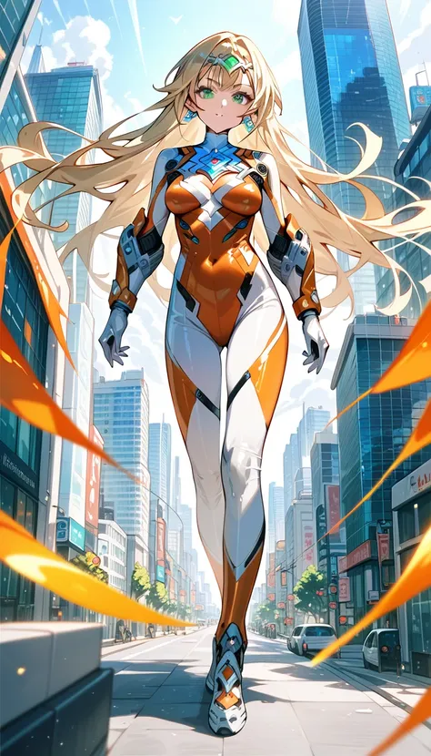 (best quality),giant female,sala,original,blonde hair ,green eyes,(((white bodysuit))),orange bodysuit,ultragirl,standing,city,u...