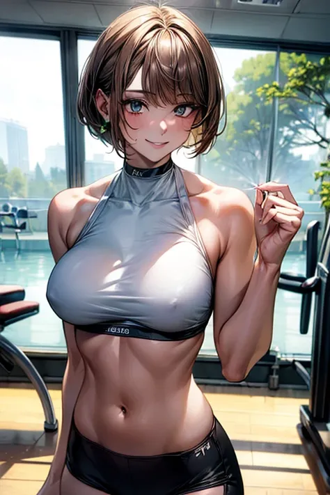 8K, (masterpiece, best quality:1.6), 1 lady, masterpiece, best quality, beautiful eyes, (Perfect Anatomy),

 light brown hair, short hair, bob cut hairstyle: 1.5, light brown eyes, 

tight black sports leggings, tight green sports bras, fitness trainer, ma...