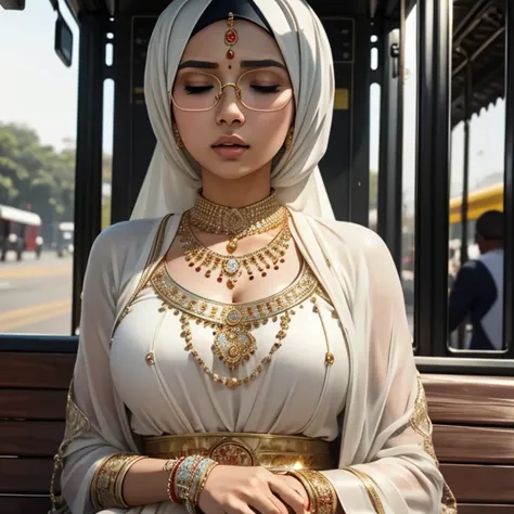 beautiful hijabi teen,girl in tight white kebaya,wearing golden bangles bracelets necklaces glasses watch,at bus stop,closed eye...