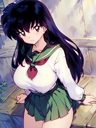 (masterpiece), best quality, very skinny, big breasts, watching the camera, black hair, long hair, brown eyes, kagome higurashi, 