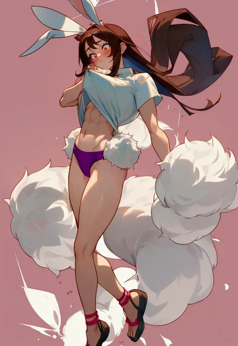 Make me the character of Rumi Usagiyama from My Hero Academia, the girl with rabbit powers with rabbit ears and a round, fluffy white rabbit tail like her hair, who has a sexy and athletic body but not so muscular, thighs and buttocks, neither too big nor ...