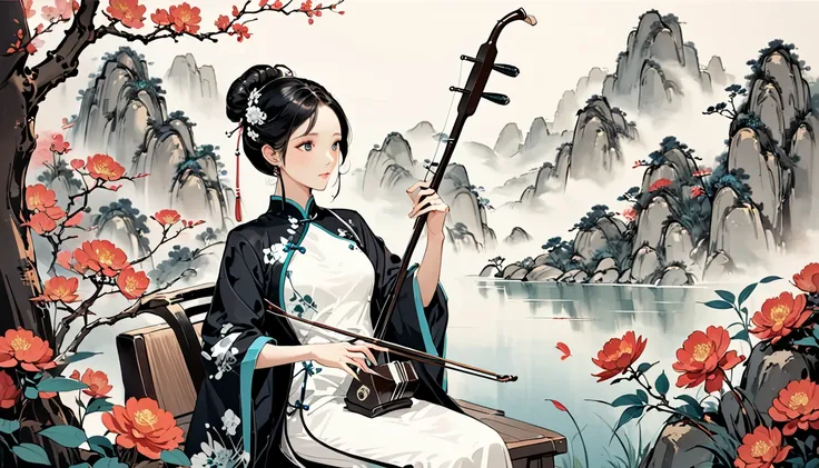 One woman,,Playing erhu,Holding an Erhu,,, (((masterpiece,Highest quality))),((Good structure,Good composition,Good Atomy)), ((clear, original,beautiful)),sitting on chair, outdoors, chinese nature,Background like a Chinese ink painting, She is dressed in ...