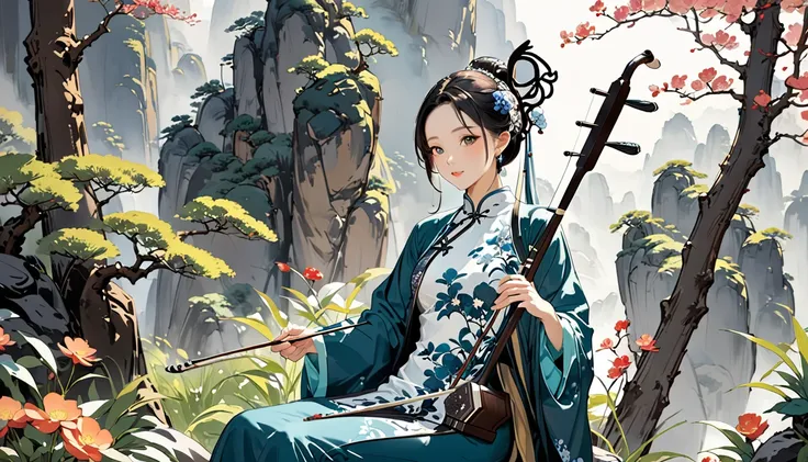 One woman,,Playing erhu,Holding an Erhu,,, (((masterpiece,Highest quality))),((Good structure,Good composition,Good Atomy)), ((clear, original,beautiful)),sitting on chair, outdoors, chinese nature,Background like a Chinese ink painting, She is dressed in ...