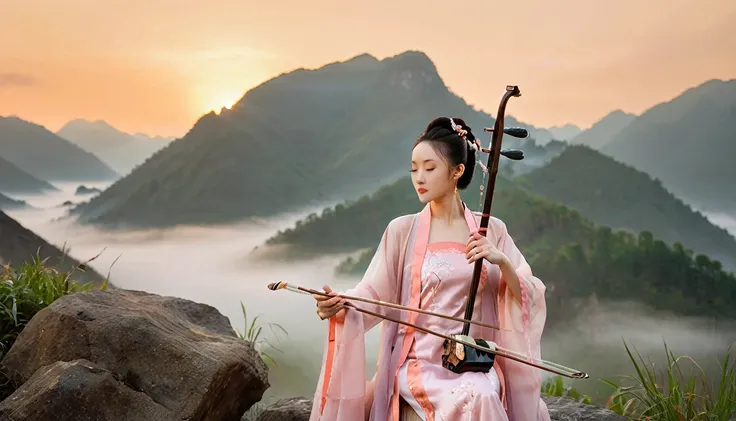 One woman,,Playing erhu,Holding an Erhu, (((masterpiece,Highest quality))),((Good structure,Good composition,Good Atomy)), ((clear, original,beautiful)),sitting on chair, outdoors, chinese nature,Background like a Chinese ink painting, She is dressed in el...