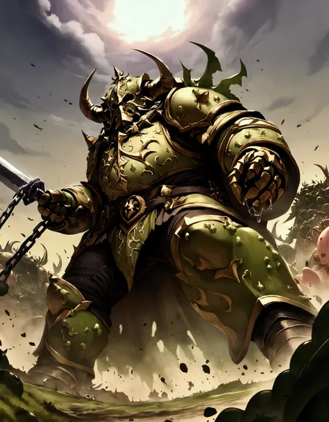 Chaos Space Marine of Nurgle, armor leaking slime and gore, bloated, attacking with a chain sword, viewed from a low angle, battlefield
