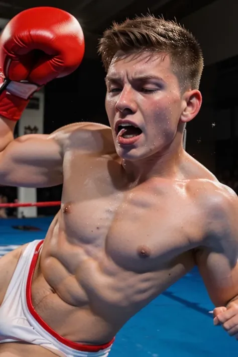 18 year old white boy with red speedo boxing, side view,with open mouth screaming in pain