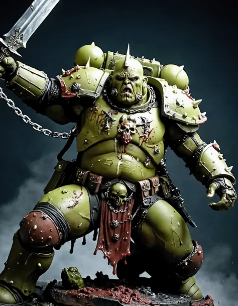 Chaos Space Marine of Nurgle, armor leaking slime and gore, bloated, attacking with a chain sword, viewed from a low angle, battlefield