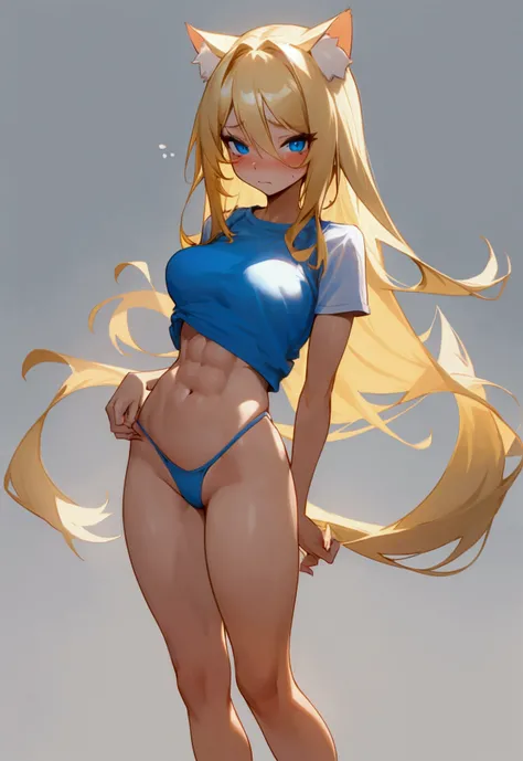 Make me a cat girl, the girl has long blonde hair, she has a sexy and athletic body but not so muscular, thighs and buttocks, not too much either. big not too small, her breasts not too big not too small, make her a cute and shy cat girl, her face is flush...