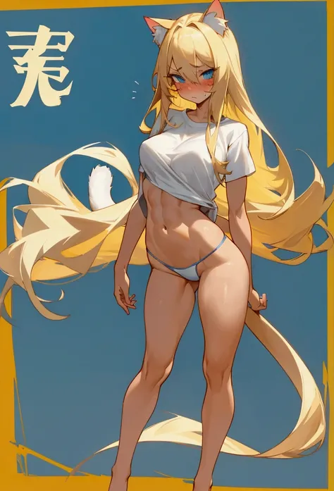 Make me a cat girl, the girl has long blonde hair, she has a sexy and athletic body but not so muscular, thighs and buttocks, not too much either. big not too small, her breasts not too big not too small, make her a cute and shy cat girl, her face is flush...