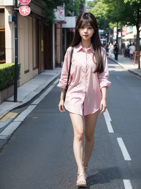 best quality, 8k, very delicate and beautiful, highly detailed face and skin texture, shiny skin, high resolution, cute long hair japanese girl in pink shirt walking on street, full body, sharp focus