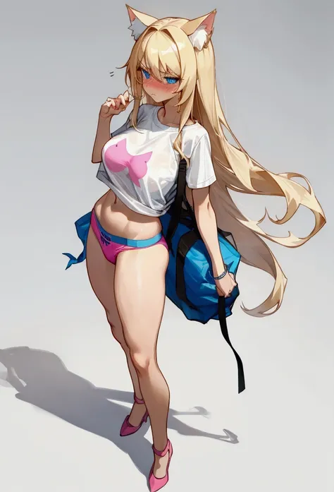 Make me a cat girl, the girl has long blonde hair, she has a sexy and athletic body but not so muscular, thighs and buttocks, not too much either. big not too small, her breasts not too big not too small, make her a cute and shy cat girl, her face is flush...