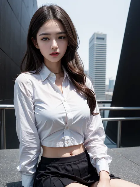 (Best quality, High resolution, Masterpiece :1.3), A tall and pretty woman, Slender abs, Dark brown hair styled in loose waves, Breasts, White button up shirt, Black pleated skirt, (Modern architecture in background), Details exquisitely rendered in the fa...