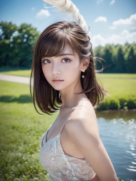 (8kで、Live Shooting、Top quality、Real、Photorealistic、Professional Lighting、masterpiece、非常に繊細でbeautiful、Extremely detailed、Fine details、Super detailed、High resolution、Beautifully detailed face、bangs、Brown Hair、 Fair skin:1.2, Sexy beauty:1.1, (RAW shooting, フ...