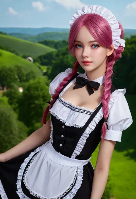 ((masterpiece)), ((Best quality)), ((a high resolution)), ((detailed background)), ((чрезвычайно подробные обои CG Unity 8k)), Lilya, black and pink hair hair, long hair, Blue eyes, loose hair, cowboy shot, on open air, ((maid outfit))