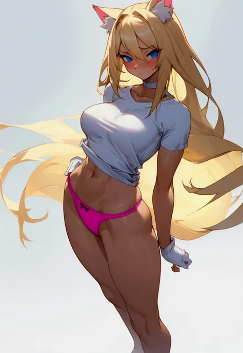 Make me a cat girl, The girl has long blonde hair, She has a sexy and athletic body but not so muscular., Thighs and buttocks, not too much. big not too small, her breasts not too big not too small, make her a cute and shy cat girl, his face is flushed wit...