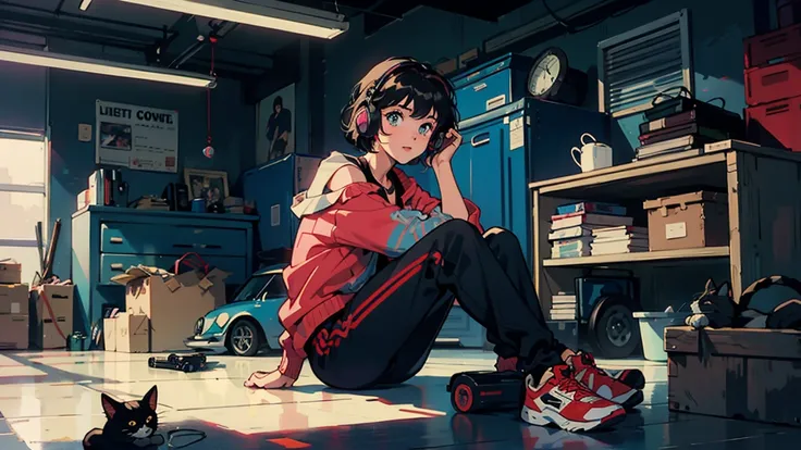 Anime style girl with short hair, Wavy hair and large expressive eyes, Wearing casual clothes and red headphones. She was in a cluttered garage.、Sitting in front of a vintage blue Porsche 911。. There are neon lights in the garage, colorful poster, Various ...