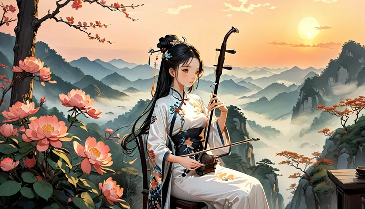 1 anime chinese girl,Playing erhu,Holding an Erhu, (((masterpiece,Highest quality))),((Good structure,Good composition,Good Atomy)), ((clear, original,beautiful)),sitting on chair, outdoors, chinese nature,Background like a Chinese ink painting, She is dre...