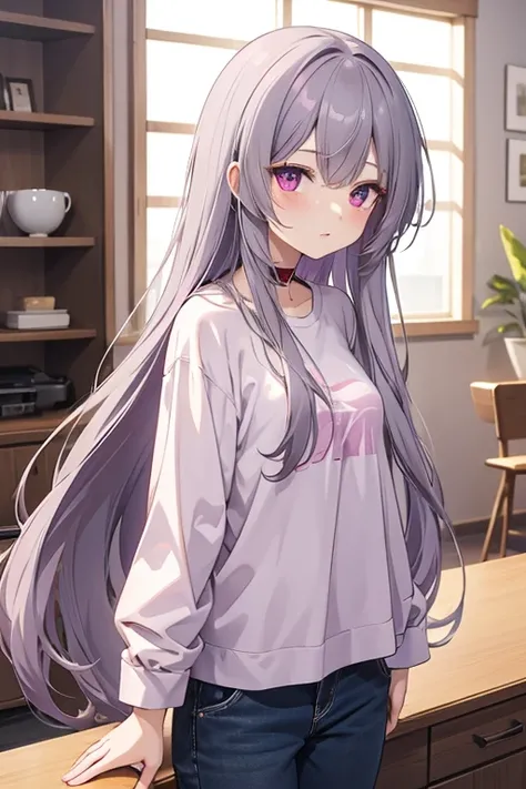 Good quality, perfect quality, perfect, Adult Anime Girl 2d Long Hair Loose light Purple-Grayish, Age Adulthood adult, casual clothes, in her house, Stained with red paint