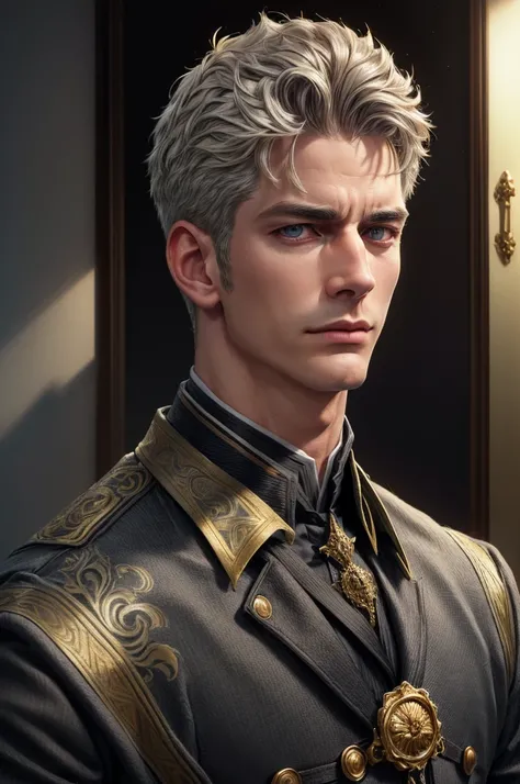 (extremely stoic and handsome:1.2), 8K,(masterpiece:1.0),(best_quality:1.0), 1 man, and intricate detailing, Enlarged textures, and intricate detailing, finely eye and detailed face, stoic handsome masculine face and intricate detailing, blonde taper fade ...