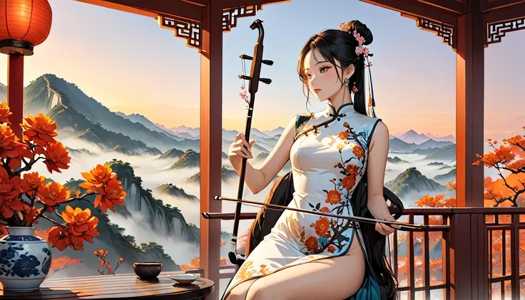 One girl,Playing erhu,Holding an Erhu,China dress,Sitting in a highchair,,(((masterpiece,Highest quality))),((Good structure,Good composition,Good Atomy)), ((clear, original,beautiful)),She is dressed in elegant traditional Chinese clothing, such as a qipa...