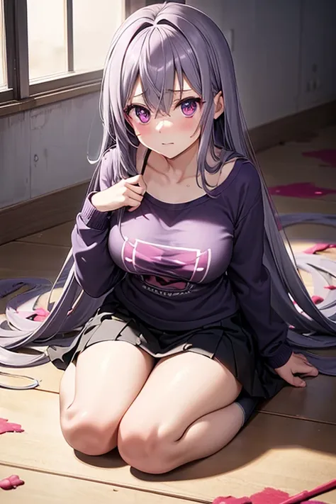 Adult Anime Girl 2d Long Hair Loose light Purple-Grayish, Age Adulthood adult, sitting in the floor, with so much red paint everywhere, suffering 