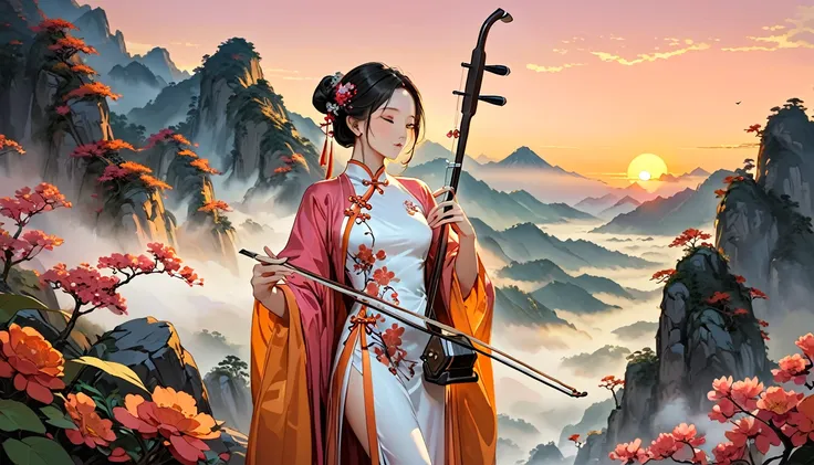 (((from diagonally left behind))), one girl,playing erhu,holding an erhu,(((masterpiece,highest quality))),((good structure,good...