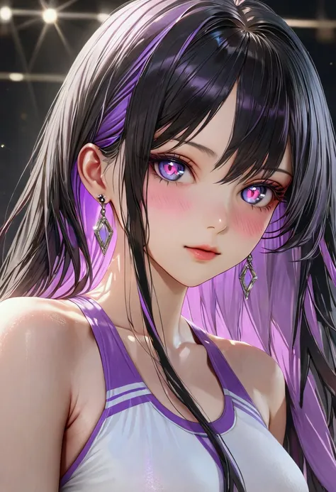 black hair, colored inner hair, purple hair, purple eyes, diamond-shaped pupils, slender and athletic built, UHD, masterpiece, super detail, best quality, 8k,realistic