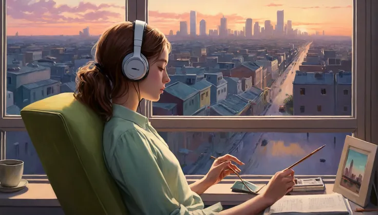 Polate、512、Lo-Fi、Girl sitting on a chair wearing headphones、Take a nap at your desk、close your eyes、city view from the window、evening、pastel colour、Painting