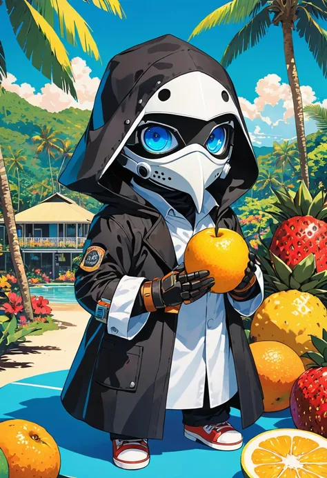 (masterpiece, best quality:1.1), (ultra highres, ultra-detailed:1.2),pop-art style,flatcolor, ((The boy is sitting and eating tropical fruits)),(in tropical resort,hawaii,bluesky), BREAK chibi-boy,(male Mad-scientist),(wearing plague-doctor costume,white b...