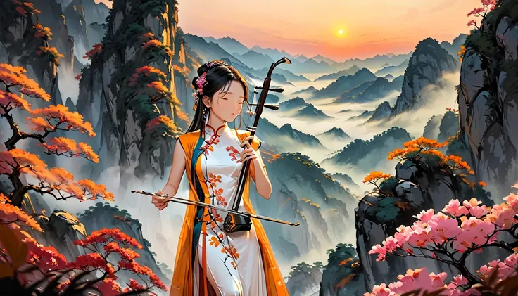 (((From diagonally left behind))), One girl,Playing erhu,Holding an Erhu,(((masterpiece,Highest quality))),((Good structure,Good composition,Good Atomy)), ((clear, original,beautiful)),She is dressed in elegant traditional Chinese clothing, such as a qipao...