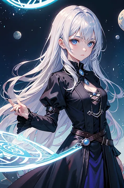 Highest quality, Medieval Fantasy, A world of swords and magic, Portrait, (A magic circle appears in the indigo eyes of a cute magician girl, Silver Hair), Black dress with ruffles, 