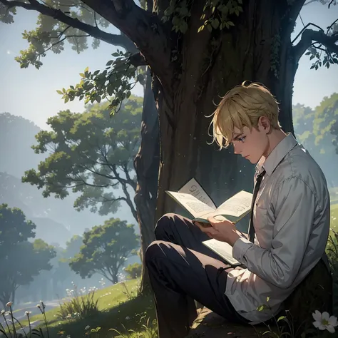 Man with blond hair, wearing , reading a letter, under a tree, mysterious, foggy, scary