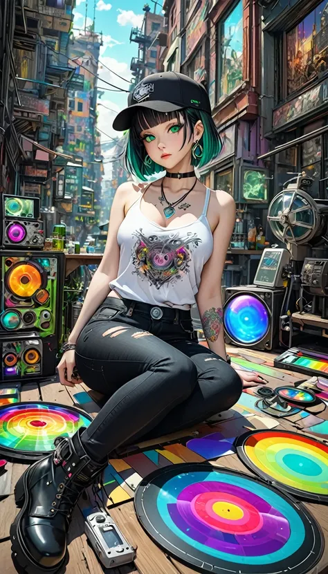 seamless image fusion, cute woman, amorous and lewd face, make-up, glossy smooth silver short bob cut, blunt bangs, covered in tattoos, great proportion, shiny big green eyes, background kaleidoscope of ruined cityscapes, analyzers, labs, and more, with mi...