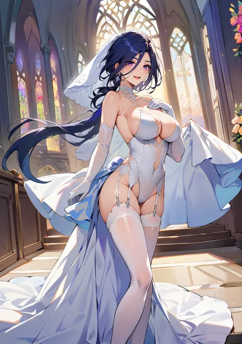 score_9, score_8_above, large breasts, 1 girl, Alone, solo, BREAK Clorinde, Genshin impact, dark blue hair, long hair, low ponytail, original hair style, bright purple eyes, (CLOTHES), alternate costume, bride, court wedding dress, white dress, sleeveless,...