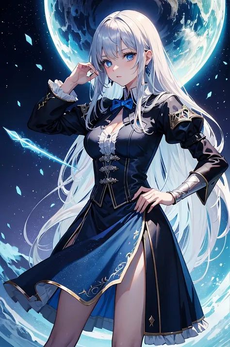 Highest quality, Medieval Fantasy, A world of swords and magic, Portrait, (A cute magician girl casts magic from her blue eyes, Silver Hair), Black dress with ruffles, 