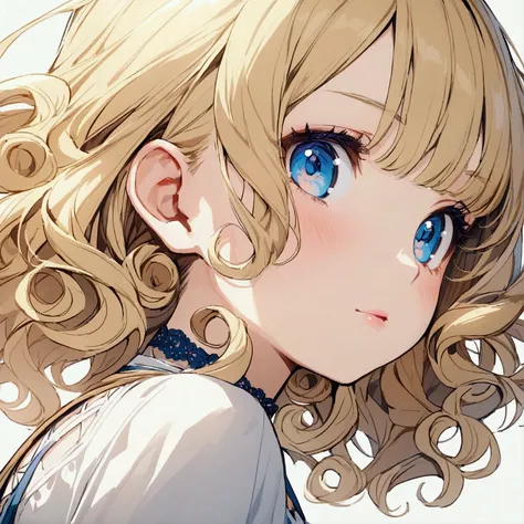 close up of girl with curly blonde hair and blue eyes