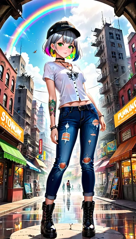 seamless image fusion, cute woman, amorous and lewd face, make-up, glossy smooth silver short bob cut, blunt bangs, covered in tattoos, great proportion, shiny big green eyes, background kaleidoscope of ruined cityscapes, analyzers, labs, and more, with mi...