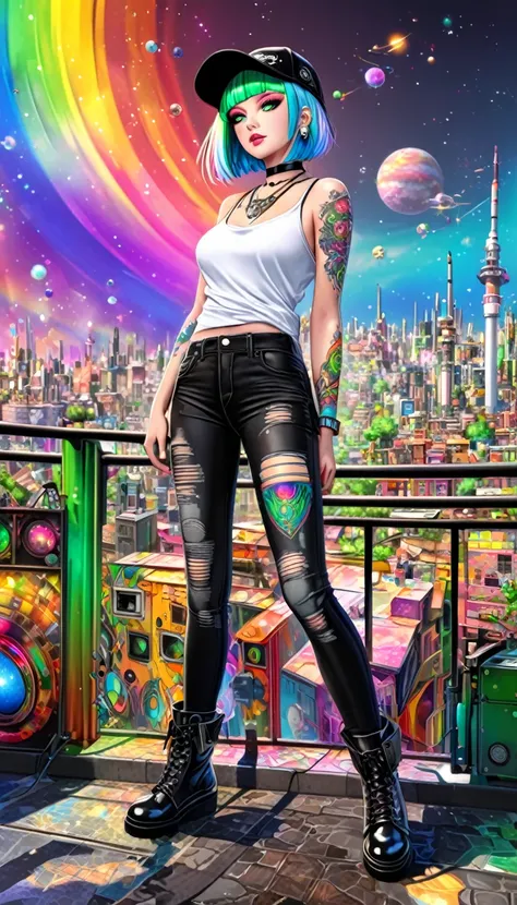 seamless image fusion, cute woman, amorous and lewd face, make-up, glossy smooth silver short bob cut, blunt bangs, covered in tattoos, great proportion, shiny big green eyes, background kaleidoscope of ruined cityscapes, analyzers, labs, and more, with mi...