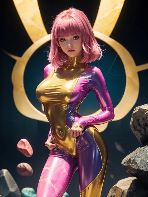 (bright girl with beautiful  body l :1.3),(hyper method  standing:1.3),(gigantic  breasts with future:1.2), (blue and yellow marble melt body suits with secret emblems:1.3),(beautiful shiny skin:1.3),(bangs:1.2),(pink hair color:1.2),(many small stones :1....