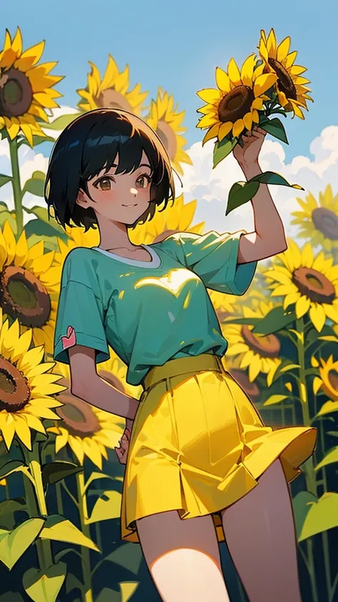  master piece, best quality, for below, cinematic angle, upper body , pigeon toed,  
Anime-style Moe illustration, summer vacation theme, 20-year-old 4womans holding a bouquet of sunflowers, short hair, Summer Casual, slightly inner thighs, smile, accurate...