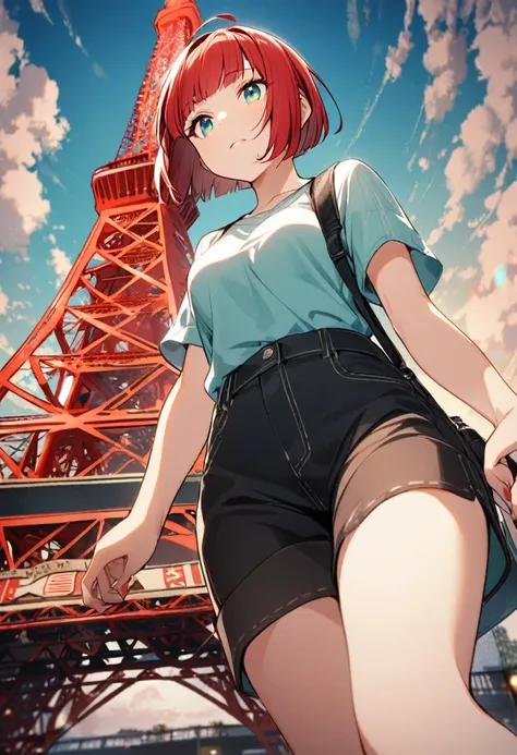 1girl,rubyred hair,bowlcut hair,half circle ahoge,blue green eyes,medium breasts,casual,Tokyo Tower,from below