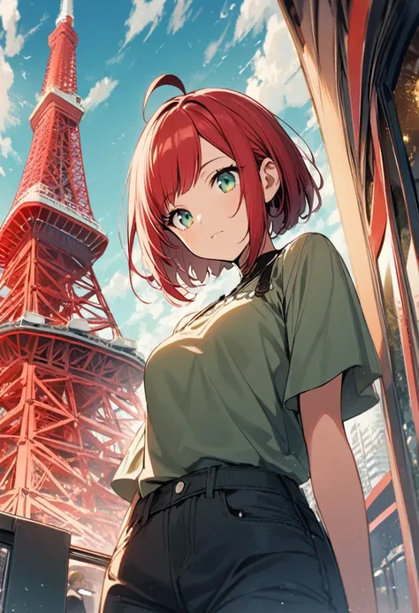 1girl,rubyred hair,bowlcut hair,half circle ahoge,blue green eyes,medium breasts,casual,Tokyo Tower,from below