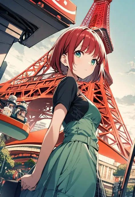 1girl,rubyred hair,bowlcut hair,half circle ahoge,blue green eyes,medium breasts,casual,Tokyo Tower,from below