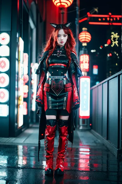 A full-body portrait of an elegant and graceful yet daring cyberpunk futuristic neon girl with [long red] hair and reflective [red] eyes, decorated with traditional Japanese ornaments. The background is atmospheric and moody, featuring subtle neon accents ...