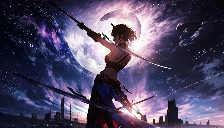 Planes fall all over the sky，The end has come，A stray dog，A woman with a sword on her back，Hold the hilt of the sword in your backhand，Back Shadow，in a panoramic view，Starcloud，setting sun，Blue-purple