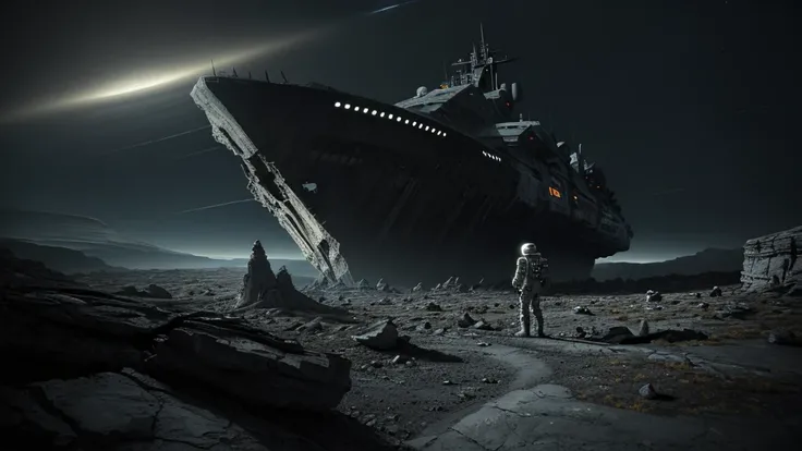 (((masterpiece))) dark, night, A futuristic spaceship has crashed on the earth of a rocky alien planet, the ship shows visible damage from the impact. The astronaut in the orange suit and white helmet is standing to the side of the scene in the foreground,...