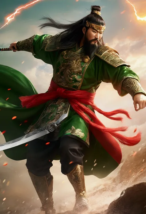 Guan Yu rode a red horse，Wearing a green robe，Wielding the Seki knife，character splash art，Lightning is all around。