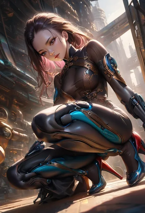 a beautiful girl wearing a chinese style qipao dress, tight bodysuit, high heels, and gloves, with a futuristic mechanical body, 4k, 8k, highres, masterpiece:1.2, ultra-detailed, realistic, photorealistic:1.37, portrait, cinematic lighting, intricate detai...