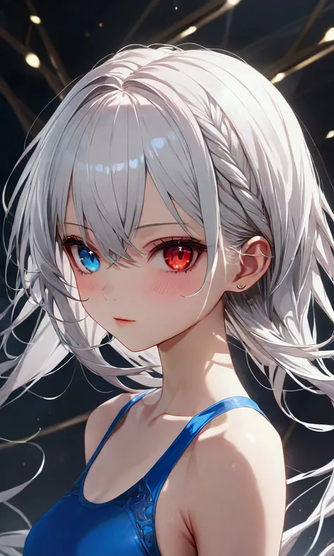 white hair, heterochromia, red eyes, blue eyes, slender and athletic built, UHD, masterpiece, super detail, best quality, 8k