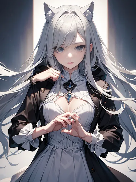 1 girl, Emerge from the swirling shadows. Stand in the Cemetery of Forgotten Souls. (Light grey and light white striped hair:1.3,), Perfect face, Proper body proportion, masterpiece, Super high-quality, 超A high resolution, Intricate details, Very delicate ...